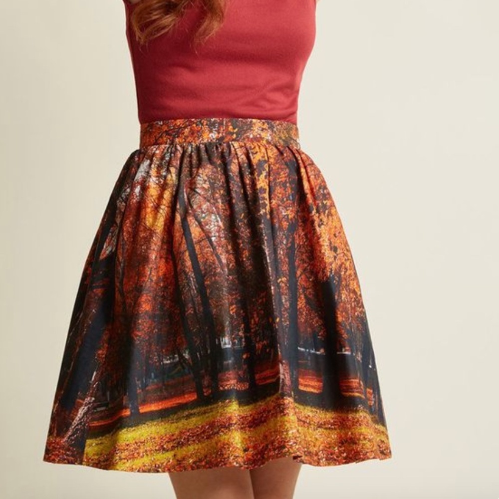 Fervour Skirt Orange Autumn Forest Leaves Leaf Fall Print A-Line Pockets Large